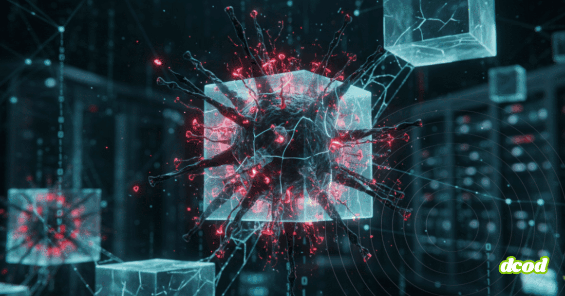 Concept artistique d'un code malveillant intégré dans un réseau de blocs interconnectés, illustrant la menace de sécurité d'un malware au sein de la technologie blockchain
