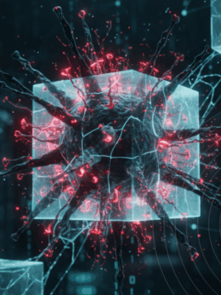 EtherHiding : la Corée du Nord détourne la blockchain pour des cyberattaques furtives 20 Concept artistique d'un code malveillant intégré dans un réseau de blocs interconnectés, illustrant la menace de sécurité d'un malware au sein de la technologie blockchain