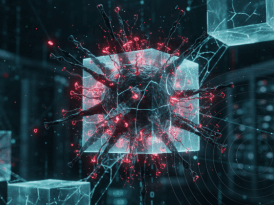 Concept artistique d'un code malveillant intégré dans un réseau de blocs interconnectés, illustrant la menace de sécurité d'un malware au sein de la technologie blockchain