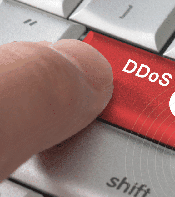 Gros plan sur un doigt appuyant sur une touche rouge marquée « DDoS », symbolisant l’initiation d’une attaque par déni de service distribué.