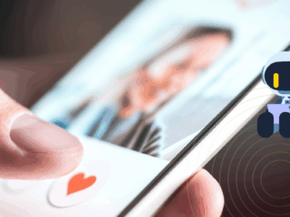Un doigt fait glisser un profil sur un smartphone, avec un avatar de robot évoquant les faux comptes et l’usage de l’IA.