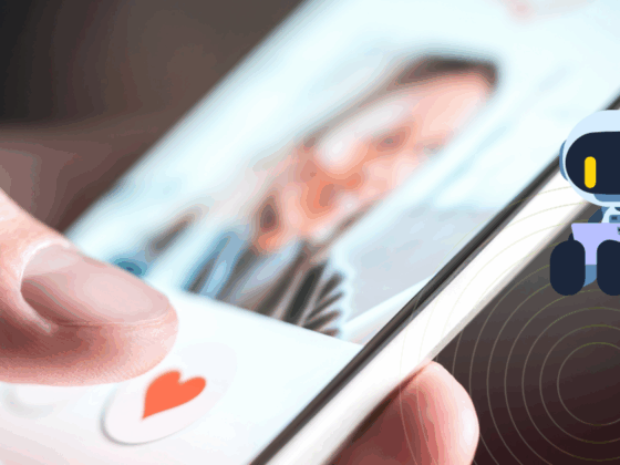 Un doigt fait glisser un profil sur un smartphone, avec un avatar de robot évoquant les faux comptes et l’usage de l’IA.