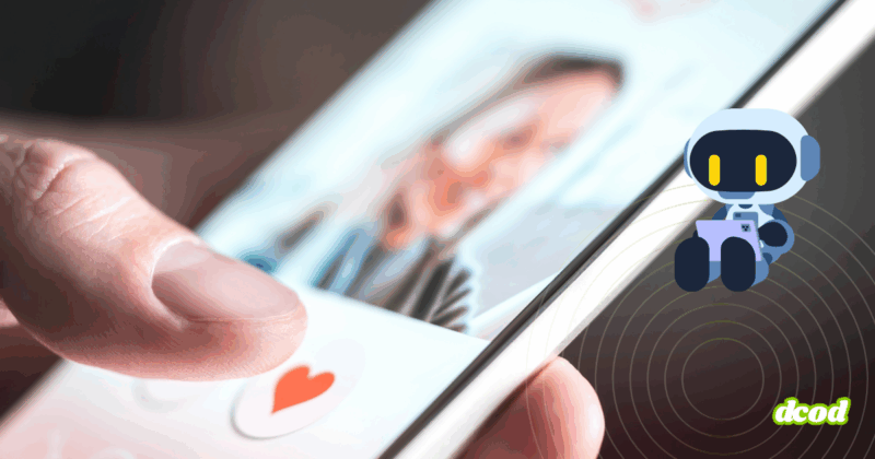 Un doigt fait glisser un profil sur un smartphone, avec un avatar de robot évoquant les faux comptes et l’usage de l’IA.