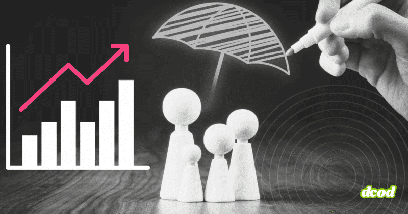 Figurines représentant une famille protégée par un parapluie dessiné, avec un graphique en forte hausse symbolisant l’augmentation des indemnisations.