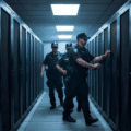 Trois agents de sécurité en uniforme inspectent une rangée de serveurs dans un datacenter éclairé au néon, ouvrant l’un des racks.