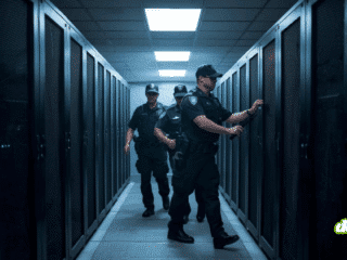 Trois agents de sécurité en uniforme inspectent une rangée de serveurs dans un datacenter éclairé au néon, ouvrant l’un des racks.
