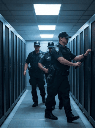 Trois agents de sécurité en uniforme inspectent une rangée de serveurs dans un datacenter éclairé au néon, ouvrant l’un des racks.