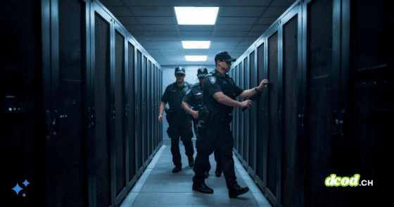 Trois agents de sécurité en uniforme inspectent une rangée de serveurs dans un datacenter éclairé au néon, ouvrant l’un des racks.