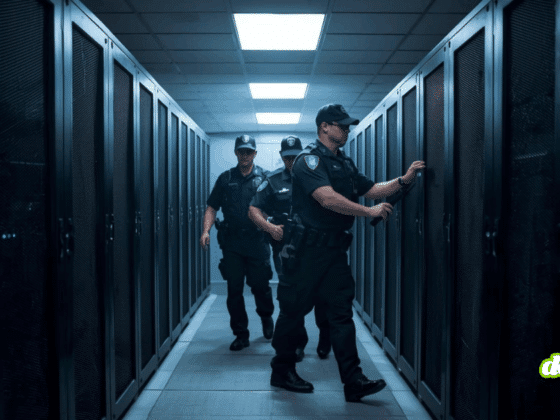 Trois agents de sécurité en uniforme inspectent une rangée de serveurs dans un datacenter éclairé au néon, ouvrant l’un des racks.