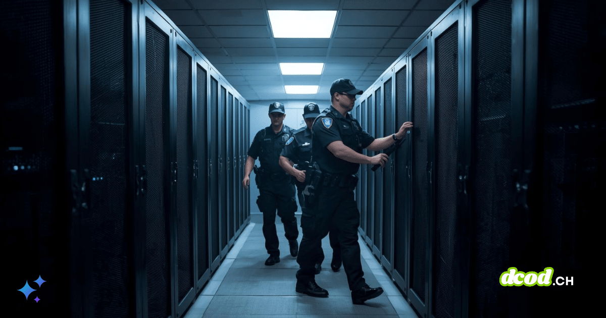 Trois agents de sécurité en uniforme inspectent une rangée de serveurs dans un datacenter éclairé au néon, ouvrant l’un des racks.