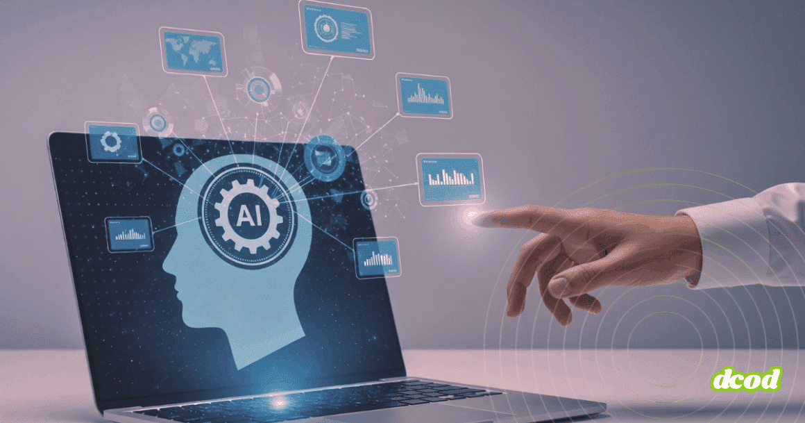 Main humaine pointant vers un écran d'ordinateur portable affichant une silhouette avec une icône "AI", entourée de graphiques de données connectés en réseau, illustrant l’intelligence artificielle et l’analyse de données.