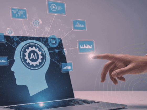 Main humaine pointant vers un écran d'ordinateur portable affichant une silhouette avec une icône "AI", entourée de graphiques de données connectés en réseau, illustrant l’intelligence artificielle et l’analyse de données.