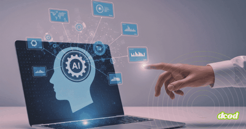 Main humaine pointant vers un écran d'ordinateur portable affichant une silhouette avec une icône "AI", entourée de graphiques de données connectés en réseau, illustrant l’intelligence artificielle et l’analyse de données.