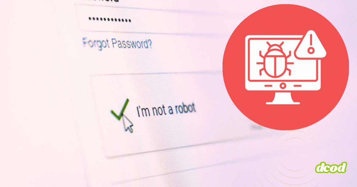 Capture d’écran d’un formulaire de connexion avec un CAPTCHA « Je ne suis pas un robot », accompagné d’un pictogramme d’alerte de sécurité illustrant un bug sur un écran, symbolisant le contournement possible des protections par des scripts automatisés ou des attaques de bots.