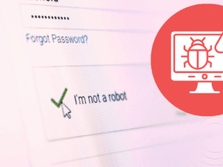 Capture d’écran d’un formulaire de connexion avec un CAPTCHA « Je ne suis pas un robot », accompagné d’un pictogramme d’alerte de sécurité illustrant un bug sur un écran, symbolisant le contournement possible des protections par des scripts automatisés ou des attaques de bots.