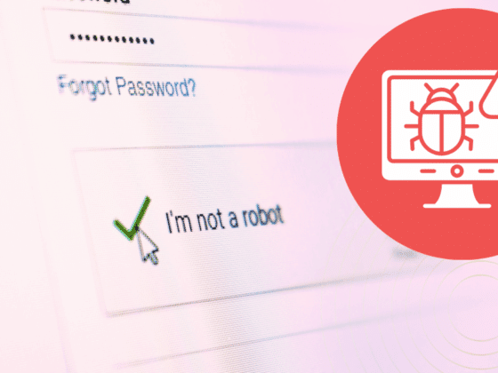 Capture d’écran d’un formulaire de connexion avec un CAPTCHA « Je ne suis pas un robot », accompagné d’un pictogramme d’alerte de sécurité illustrant un bug sur un écran, symbolisant le contournement possible des protections par des scripts automatisés ou des attaques de bots.