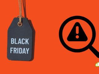 Étiquette noire portant le texte Black Friday et icône de loupe avec symbole d’avertissement sur fond orange vif.