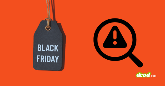 Étiquette noire portant le texte Black Friday et icône de loupe avec symbole d’avertissement sur fond orange vif.