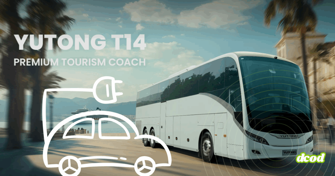 Autocar de tourisme Yutong T14 blanc circulant en bord de mer, avec des palmiers en arrière-plan et une icône de voiture électrique stylisée au premier plan, symbolisant la mobilité durable.