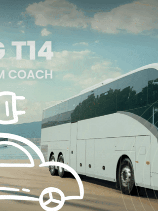 Autocar de tourisme Yutong T14 blanc circulant en bord de mer, avec des palmiers en arrière-plan et une icône de voiture électrique stylisée au premier plan, symbolisant la mobilité durable.