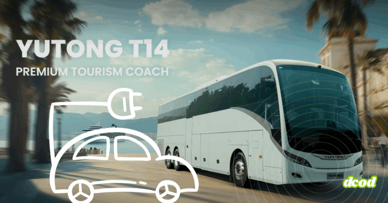 Autocar de tourisme Yutong T14 blanc circulant en bord de mer, avec des palmiers en arrière-plan et une icône de voiture électrique stylisée au premier plan, symbolisant la mobilité durable.