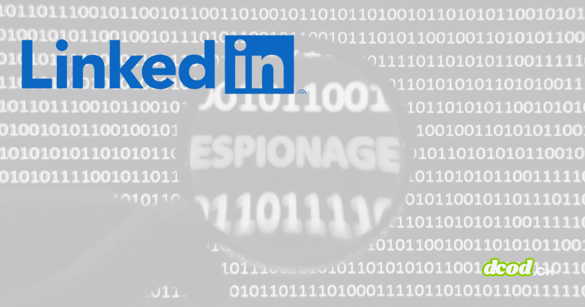 Le logo LinkedIn apparaît sur un fond de codes binaires, avec une loupe mettant en évidence le mot « espionage » au centre.