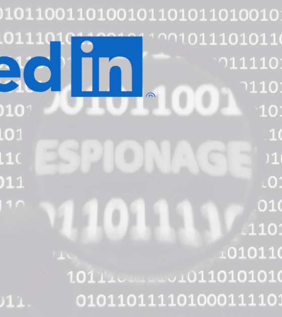 Le logo LinkedIn apparaît sur un fond de codes binaires, avec une loupe mettant en évidence le mot « espionage » au centre.
