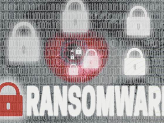 Illustration représentant une attaque de ransomware avec des cadenas symbolisant le chiffrement des données, un fond de code binaire, et le mot "RANSOMWARE" en lettres capitales, évoquant le piratage informatique et la cybersécurité.