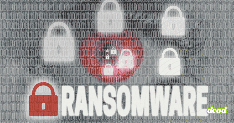 Illustration représentant une attaque de ransomware avec des cadenas symbolisant le chiffrement des données, un fond de code binaire, et le mot "RANSOMWARE" en lettres capitales, évoquant le piratage informatique et la cybersécurité.