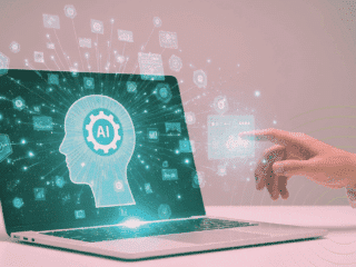 Une main tendue interagit avec un écran d’ordinateur portable affichant une silhouette de tête humaine contenant une roue dentée marquée « AI », symbolisant l’intelligence artificielle. Des icônes technologiques flottent autour, illustrant les connexions numériques et l’innovation.