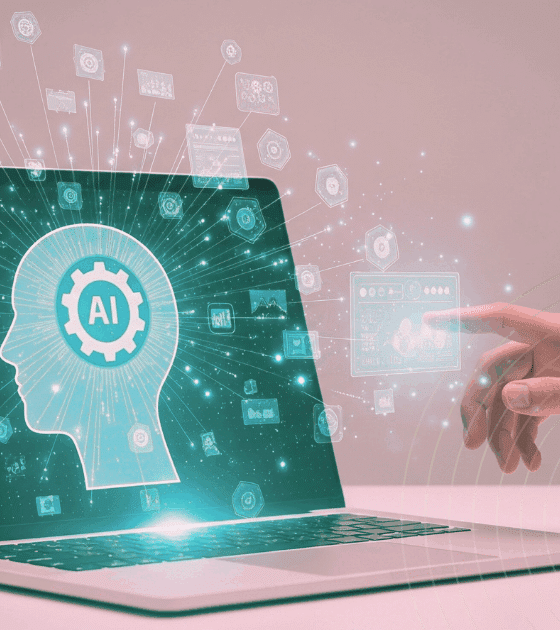 Une main tendue interagit avec un écran d’ordinateur portable affichant une silhouette de tête humaine contenant une roue dentée marquée « AI », symbolisant l’intelligence artificielle. Des icônes technologiques flottent autour, illustrant les connexions numériques et l’innovation.