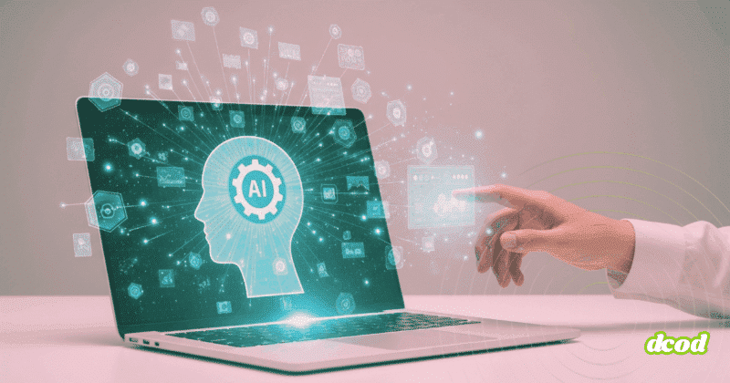 Une main tendue interagit avec un écran d’ordinateur portable affichant une silhouette de tête humaine contenant une roue dentée marquée « AI », symbolisant l’intelligence artificielle. Des icônes technologiques flottent autour, illustrant les connexions numériques et l’innovation.