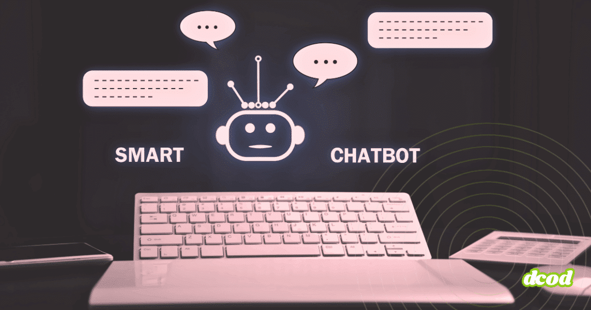 Illustration d’un clavier d’ordinateur avec une icône de chatbot au-dessus, entourée de bulles de dialogue, symbolisant l’intelligence conversationnelle d’un assistant virtuel intelligent. Le mot "SMART" est affiché à gauche du robot et "CHATBOT" à droite.