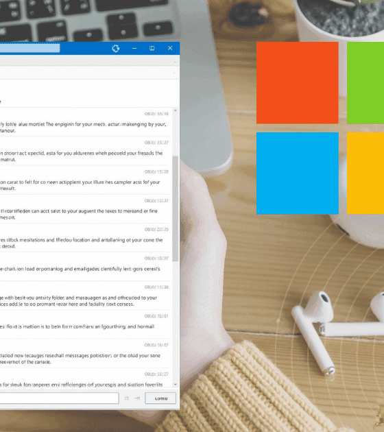 Capture d’écran d’une messagerie ouverte sur un ordinateur portable Windows, affichant une liste de courriels. À droite, le logo coloré de Microsoft est superposé sur un bureau en bois avec une tasse jaune, un crayon, des écouteurs sans fil et une plante verte en pot.
