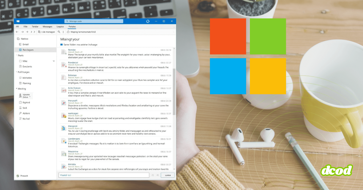 Capture d’écran d’une messagerie ouverte sur un ordinateur portable Windows, affichant une liste de courriels. À droite, le logo coloré de Microsoft est superposé sur un bureau en bois avec une tasse jaune, un crayon, des écouteurs sans fil et une plante verte en pot.