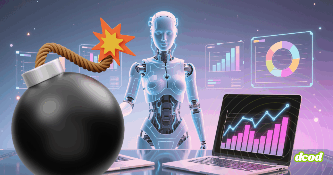 Illustration d’un robot humanoïde devant des écrans de données et d’ordinateurs affichant des graphiques, avec une bombe dessinée symbolisant le risque ou la menace liée à l’intelligence artificielle dans la cybersécurité. Logo « dcod » en bas à droite.