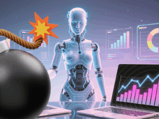 Illustration d’un robot humanoïde devant des écrans de données et d’ordinateurs affichant des graphiques, avec une bombe dessinée symbolisant le risque ou la menace liée à l’intelligence artificielle dans la cybersécurité. Logo « dcod » en bas à droite.