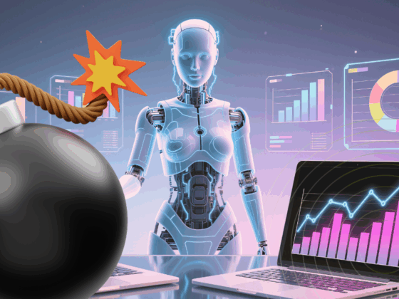 Illustration d’un robot humanoïde devant des écrans de données et d’ordinateurs affichant des graphiques, avec une bombe dessinée symbolisant le risque ou la menace liée à l’intelligence artificielle dans la cybersécurité. Logo « dcod » en bas à droite.