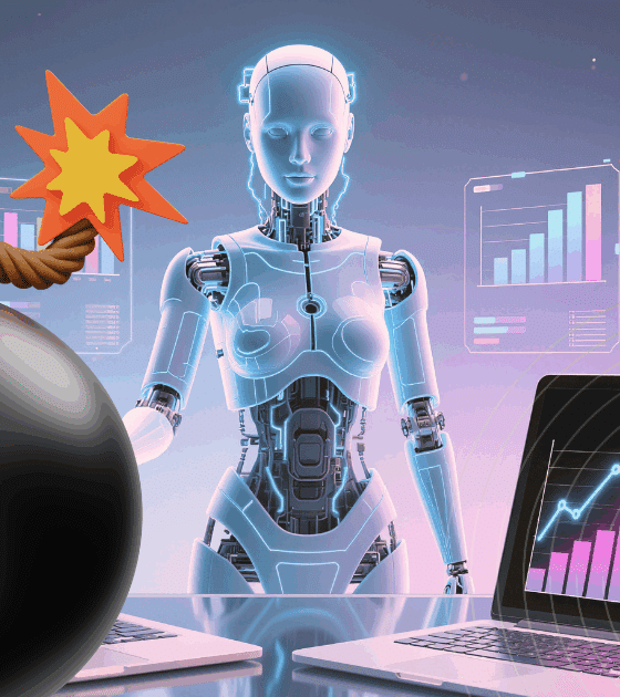 Illustration d’un robot humanoïde devant des écrans de données et d’ordinateurs affichant des graphiques, avec une bombe dessinée symbolisant le risque ou la menace liée à l’intelligence artificielle dans la cybersécurité. Logo « dcod » en bas à droite.