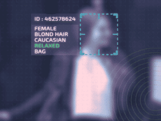Interface de reconnaissance biométrique affichant le cadrage du visage d’une personne floutée, accompagnée d’étiquettes générées par un système d’analyse automatisée et d’éléments visuels évoquant la détection et le profilage numériques.