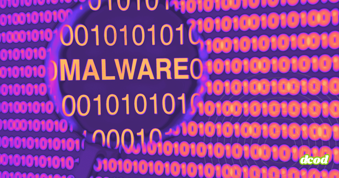 Mot MALWARE observé à travers une loupe sur un fond de code binaire, symbolisant l’analyse et la détection de logiciels malveillants.