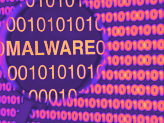 Mot MALWARE observé à travers une loupe sur un fond de code binaire, symbolisant l’analyse et la détection de logiciels malveillants.