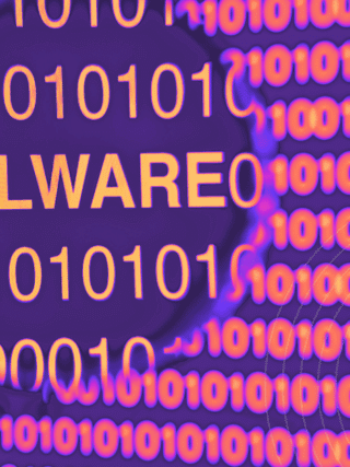 Mot MALWARE observé à travers une loupe sur un fond de code binaire, symbolisant l’analyse et la détection de logiciels malveillants.