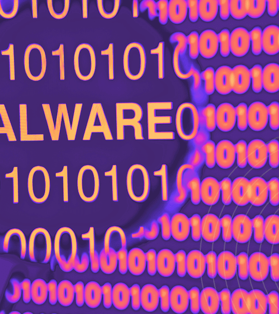 Mot MALWARE observé à travers une loupe sur un fond de code binaire, symbolisant l’analyse et la détection de logiciels malveillants.