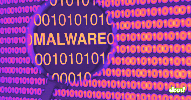 Mot MALWARE observé à travers une loupe sur un fond de code binaire, symbolisant l’analyse et la détection de logiciels malveillants.