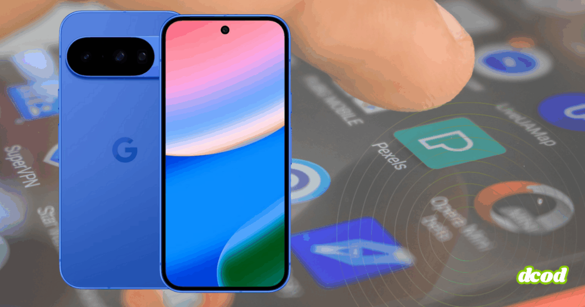 Smartphone Google Pixel 10 en coloris bleu vu de face et de dos, affiché devant un écran de téléphone avec des applications, illustrant l’utilisation tactile et l’interface Android.