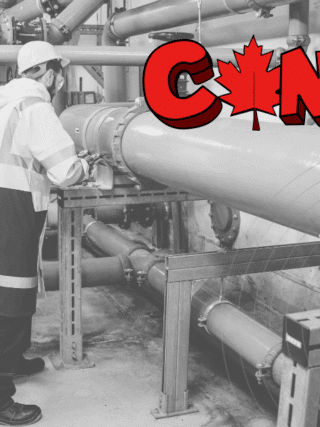 Un technicien en manteau de sécurité inspecte un réseau complexe de tuyaux dans une installation industrielle au Canada, avec le mot "Canada" stylisé en rouge et une feuille d’érable en guise de lettre "A" en haut à droite de l’image.