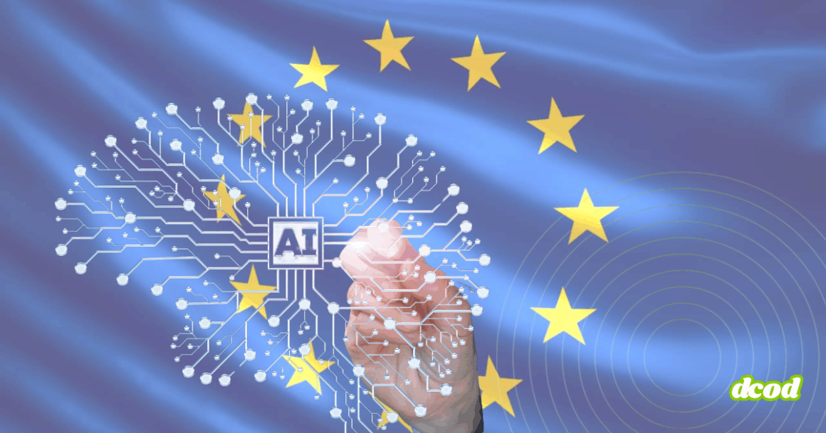 Illustration d’une main dessinant un circuit en forme de cerveau avec l’inscription « AI » au centre, sur fond de drapeau de l’Union européenne, symbolisant la régulation européenne de l’intelligence artificielle. Logo « dcod » en bas à droite.