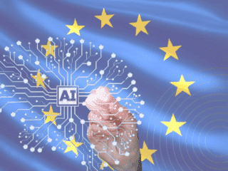 Illustration d’une main dessinant un circuit en forme de cerveau avec l’inscription « AI » au centre, sur fond de drapeau de l’Union européenne, symbolisant la régulation européenne de l’intelligence artificielle. Logo « dcod » en bas à droite.