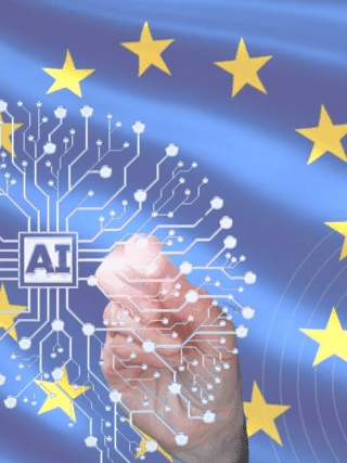 Illustration d’une main dessinant un circuit en forme de cerveau avec l’inscription « AI » au centre, sur fond de drapeau de l’Union européenne, symbolisant la régulation européenne de l’intelligence artificielle. Logo « dcod » en bas à droite.